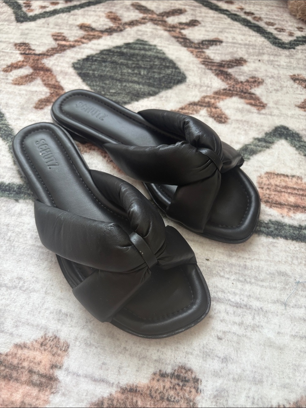 SCHUTZ Black Knotted Leather Slide Mules